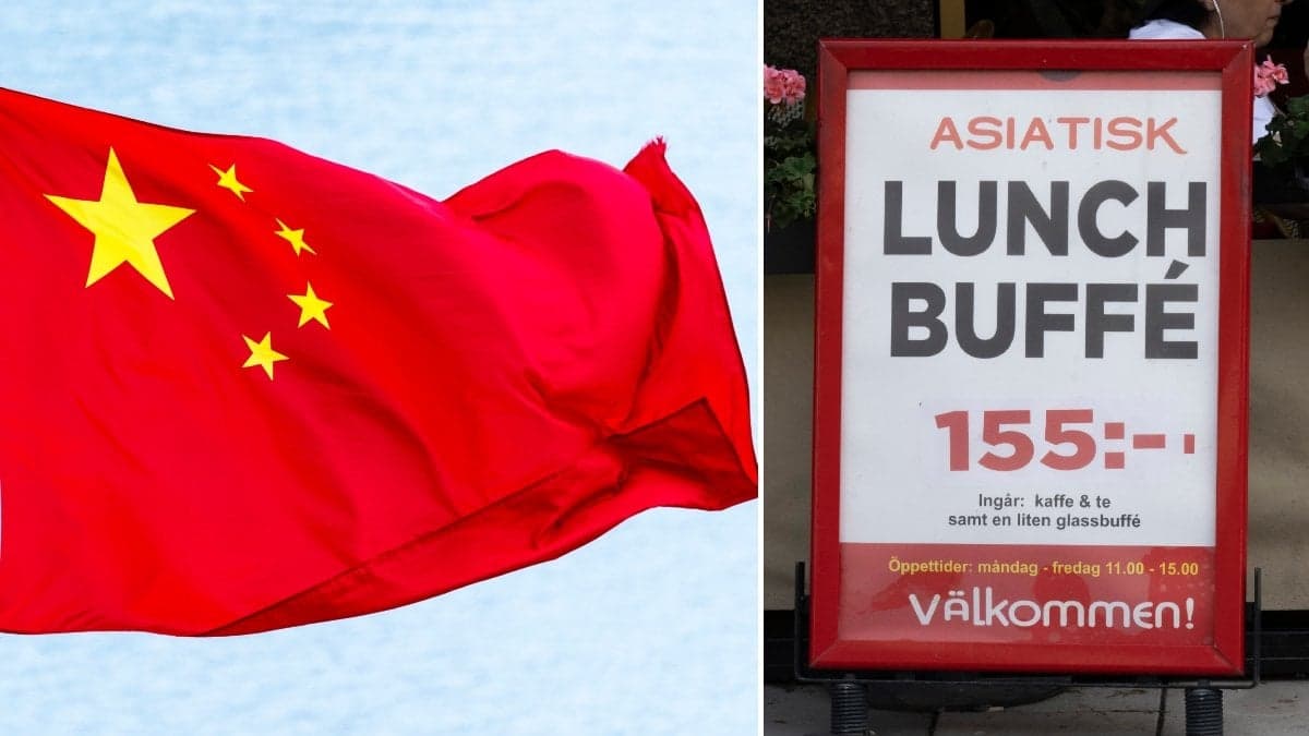 Bilder på en kinesiskflagg och en lunch buffé-skylt.