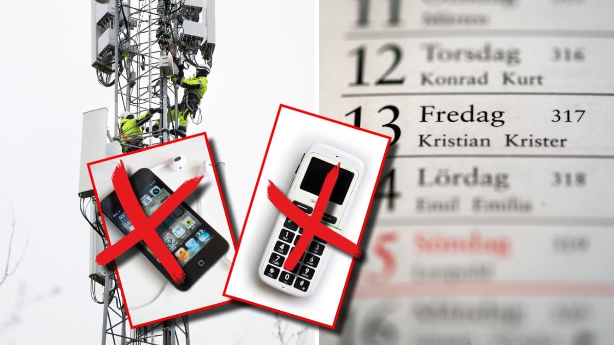 Två arbetare på en mobilmast och en kalender inzoomad på fredag den 13e.