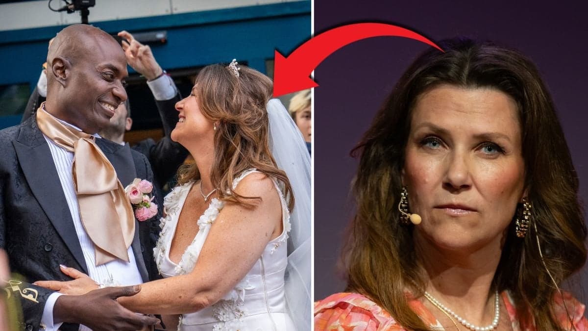 Märtha Louise och Durek Verrett till vänster under sitt giftemål. Närbild på Märtha Louise till höger. Röd pil pekar från Märtha Louise till bilden av paret.