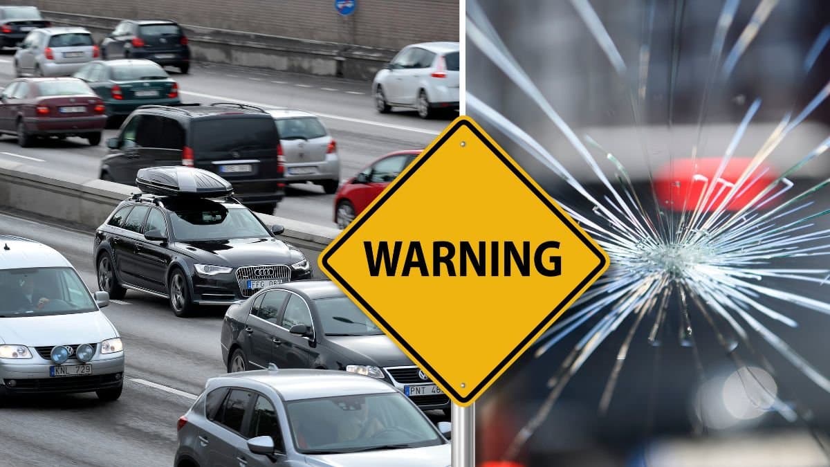 Bilväg och stenskott på bilruta.