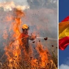 Bild på en brandman och en spansk flagga.