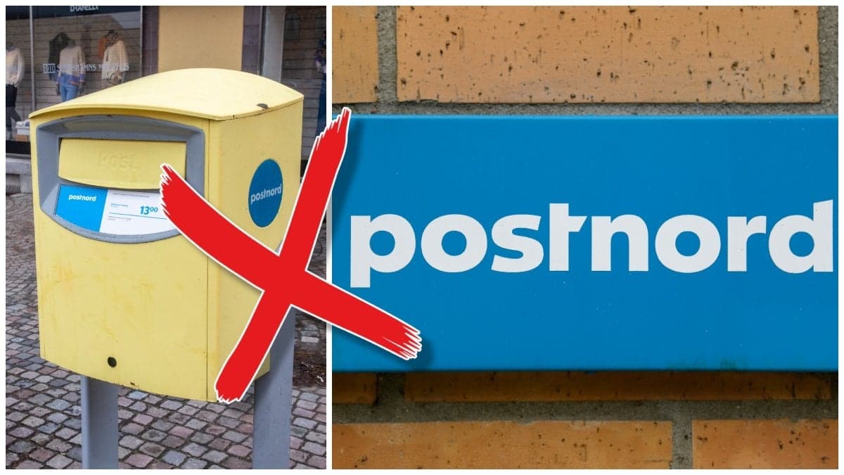 Gul Postnord-brevlåda och en Postnord-skylt på en fasad