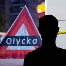 Olycka skylt till vänster, ambulanshelikopter till höger. Man siluett i mitten.