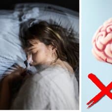 Vänster: flicka som sover. Höger bild på fakehjärna. Rött kryss i mitten.