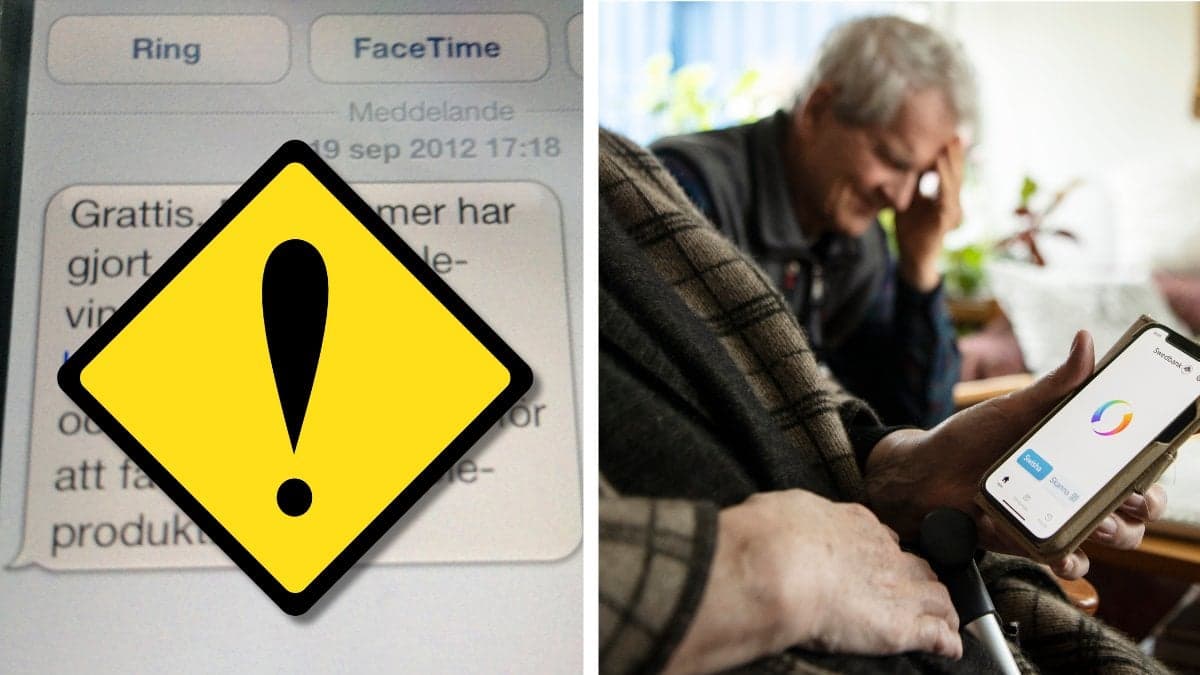 Bluff-sms och ett äldre par som håller i en mobil med bankid.
