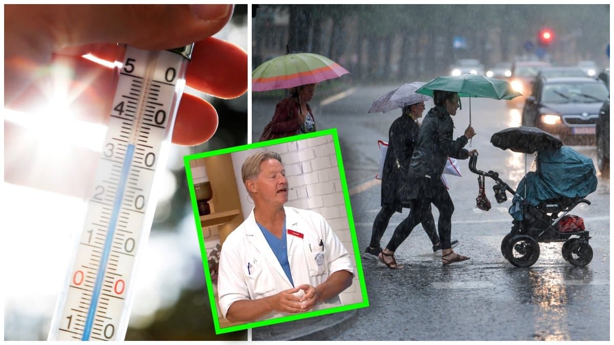 Termometer som visar höga temperaturer, överläkaren Mikael Sandström och personer som promenerar i regn