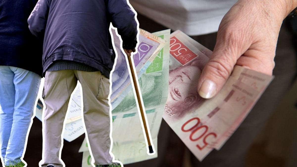 Pengar och ett äldre par med käpp.