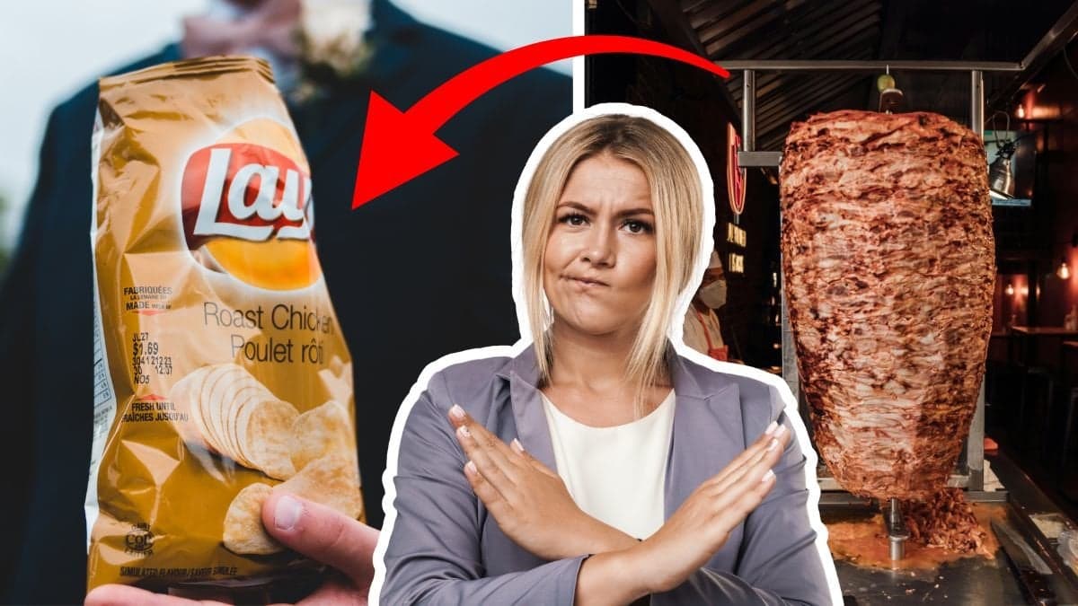 Chipspåse vänster. Kebabspett höger. En kvinna som gör ett x med armarna i mitten.