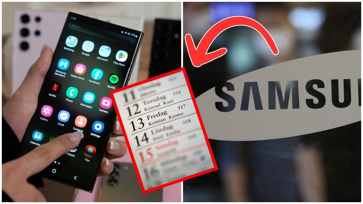 Samsung mobil, en kalender och en skylt på Samsung.
