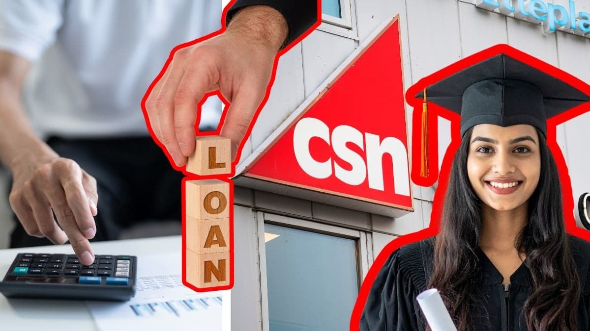 Person med miniräknare vänster. CSN-skylt höger. Person med examenshatt höger. En hand med kuber som det står loan på till vänster.