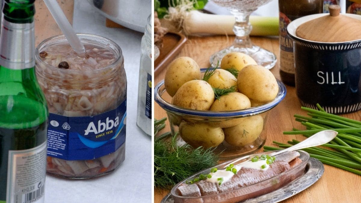Bilder på sill och en midsommarlunch med färskpotatis.