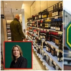 En man som tittar på vin på Systembolaget och en skylt på Systembolaget.