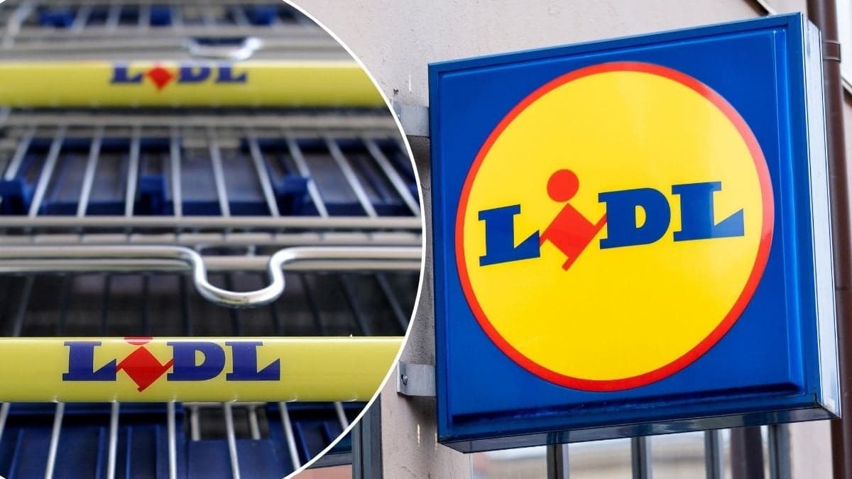 Bilder på en Lidl skylt och deras kundvagnar.
