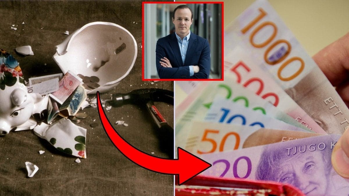 Krossad spargris, ekonomen Mattias Munter och plånbok med sedlar.