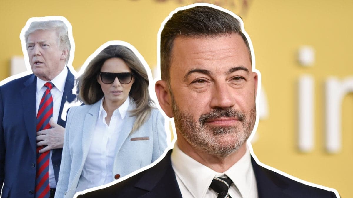 Donald Trump och Melania Trump vänster. Jimmy Kimmel höger.