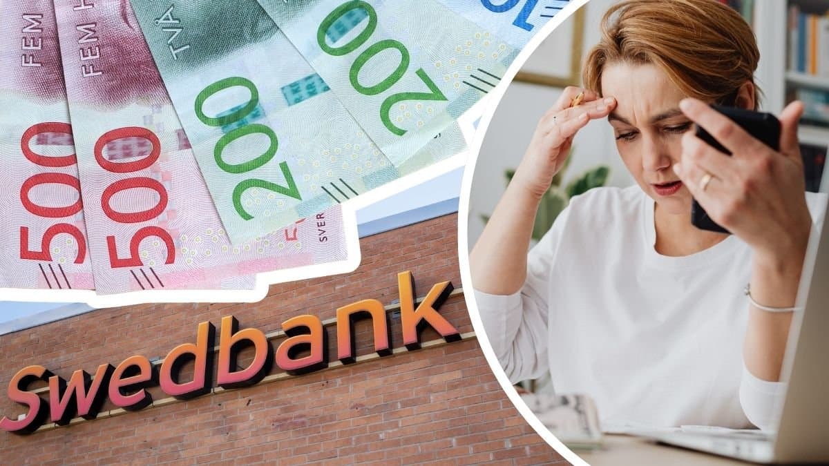 Swedbanks skylt, svenska sedlar och kvinna