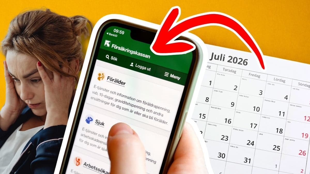 Bekymrad kvinna, Försäkringskassans app och en kalender över juli 2026