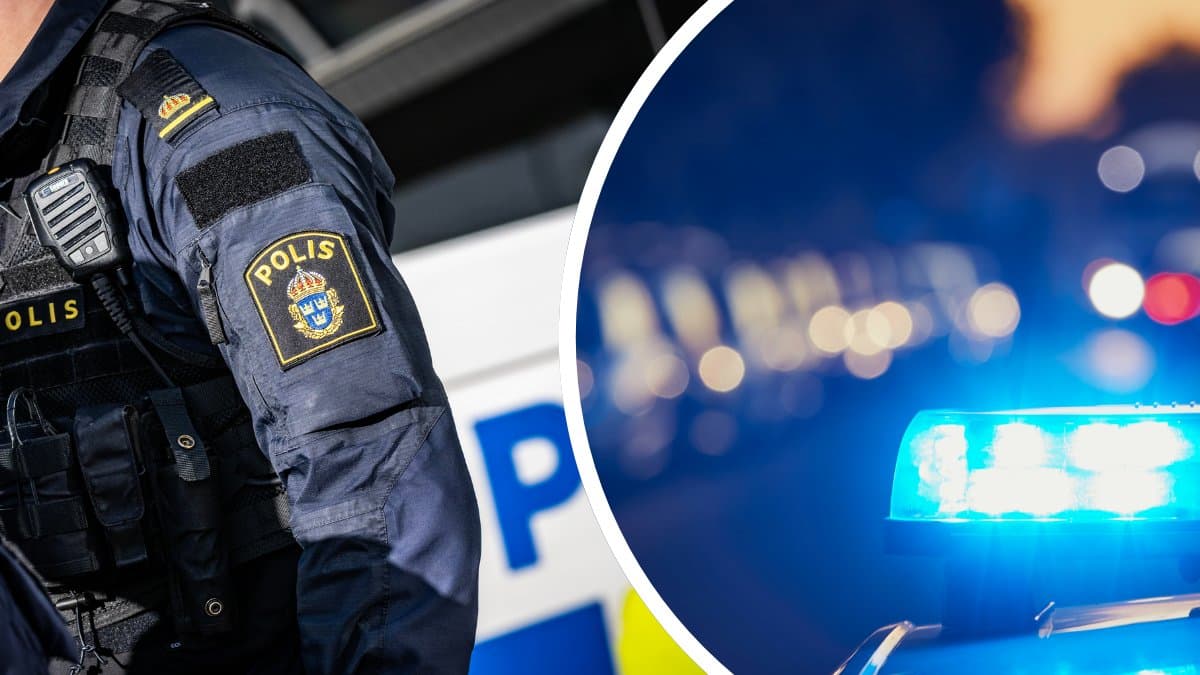 Polis framför en polisbil vänster. Blåljus höger.