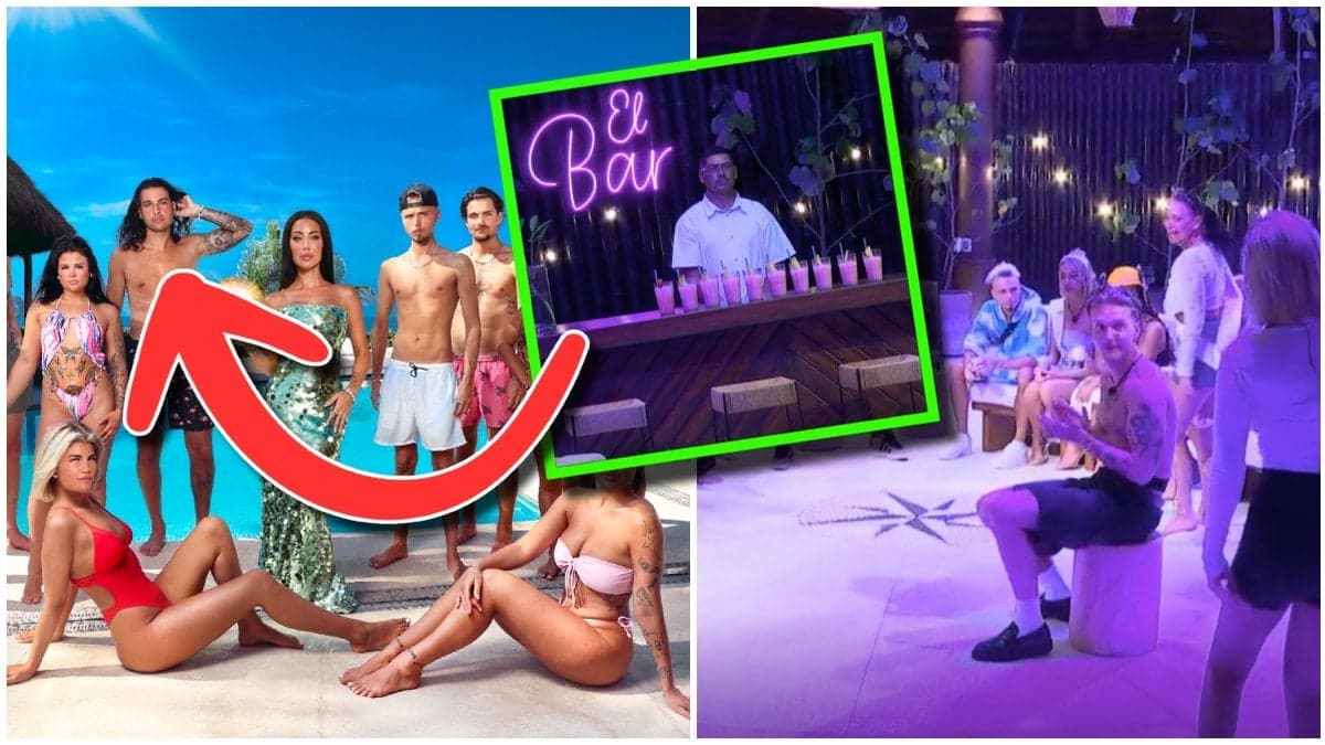 Gruppbild på deltagarna i Paradise Hotel 2025 och bilder från fester i programmet