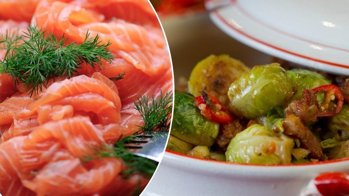 Bilder på lax oh brysselkål.