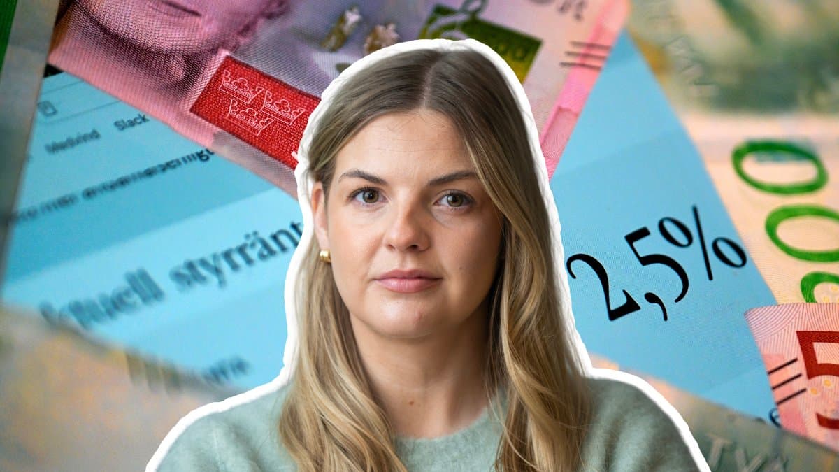 Pengar i bakgrunden med text som 2,5 procent och styrränta. Utklippt bild på Felicia Schön i mitten.