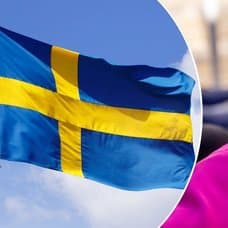 Bilder på Sverige-flaggan och en äldre kvinna som håller ett champagne-glas.