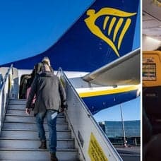 Bild inuti och utanför ett Ryanair-flygplan.