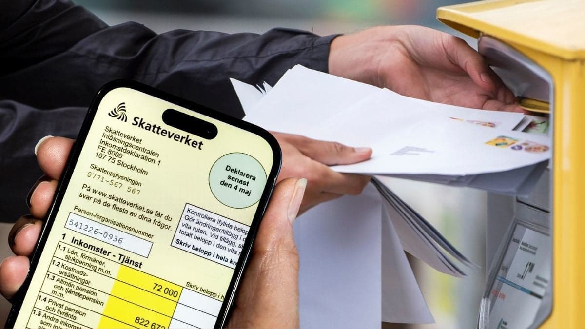 Deklaration i mobilen och en person som postar brev.