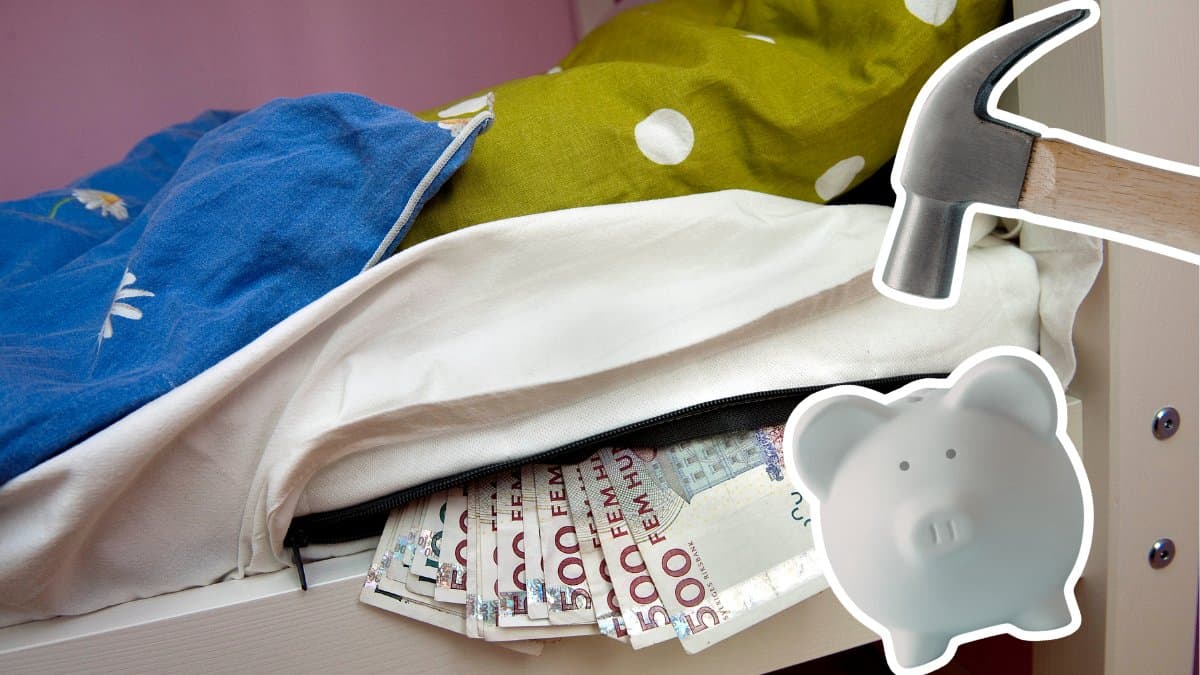 En säng med flera kontanter gömda i madrassen i bakgrunden. En utklippt bild på en hammare som precis ska slå till en spargris till höger.