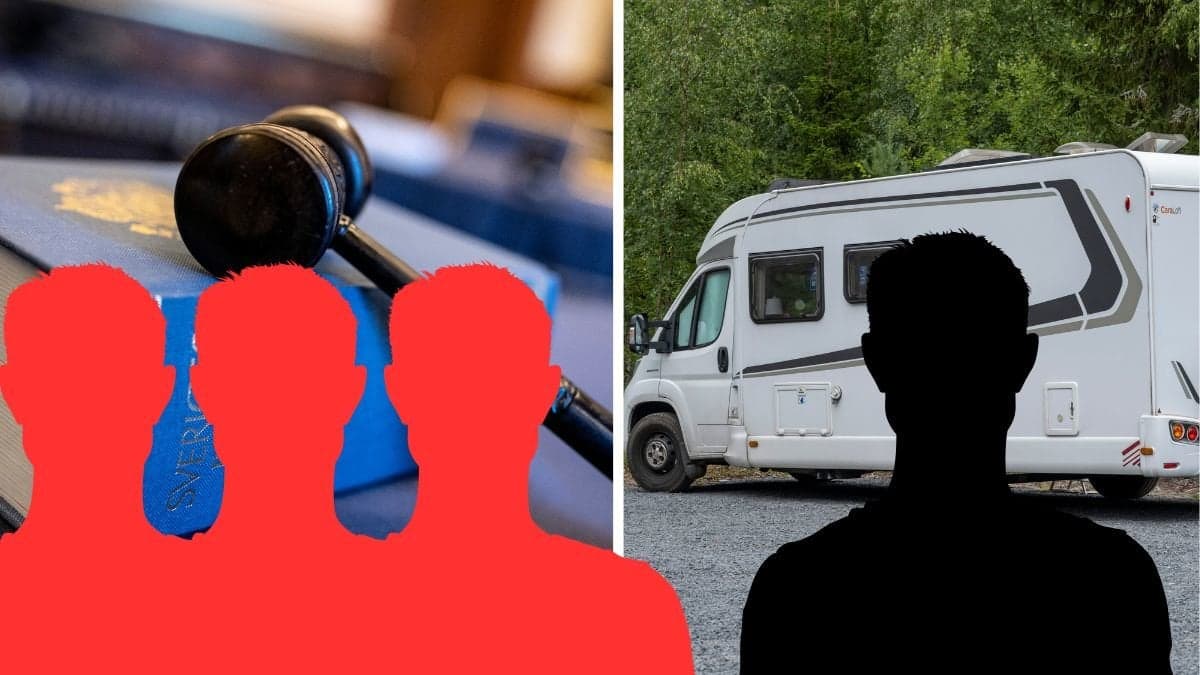 Lagbok till vänster, tre röda siluetter av män till vänster. En husbil till höger, en svart utklippt siluett av en man till höger. 