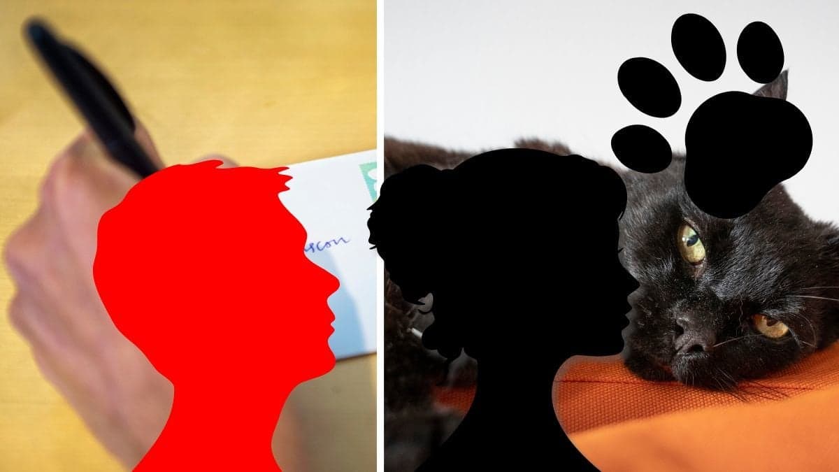 Hand som skriver på papper till vänster. En röd siluett av en man utklippt till vänster. En svart katt till höger, en svart siluett av en kvinna höger. En katt-tass i höra övre hörnet.