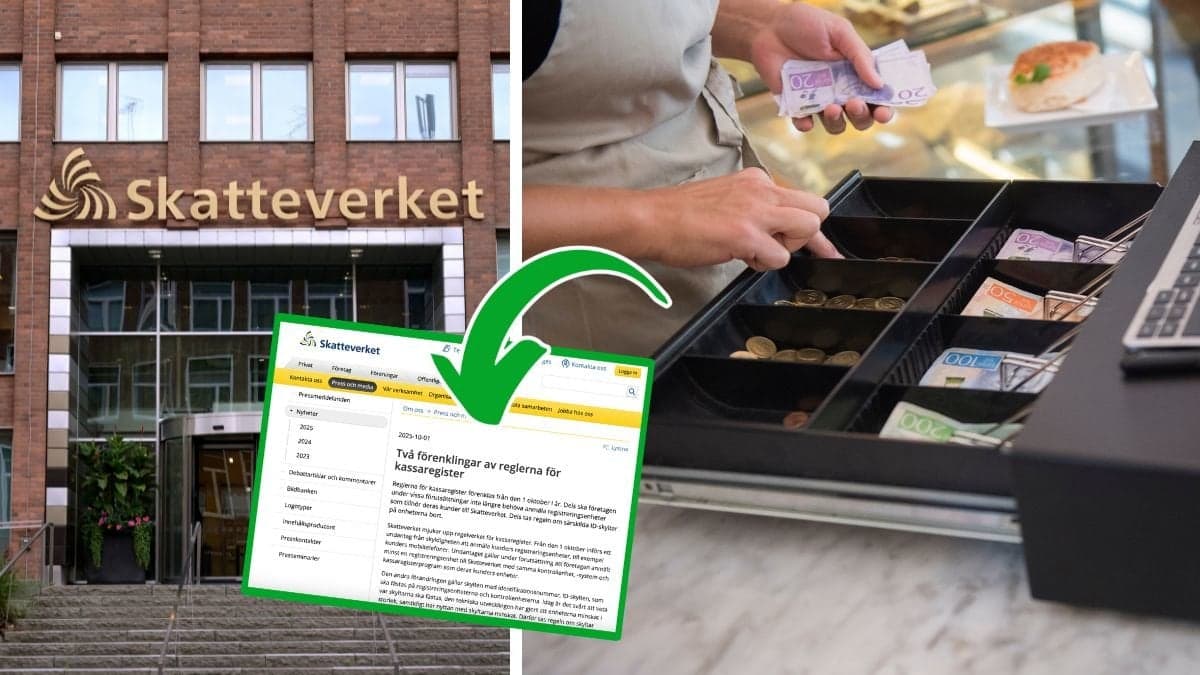 Skatteverkets entré och en öppen kassa med sedlar i