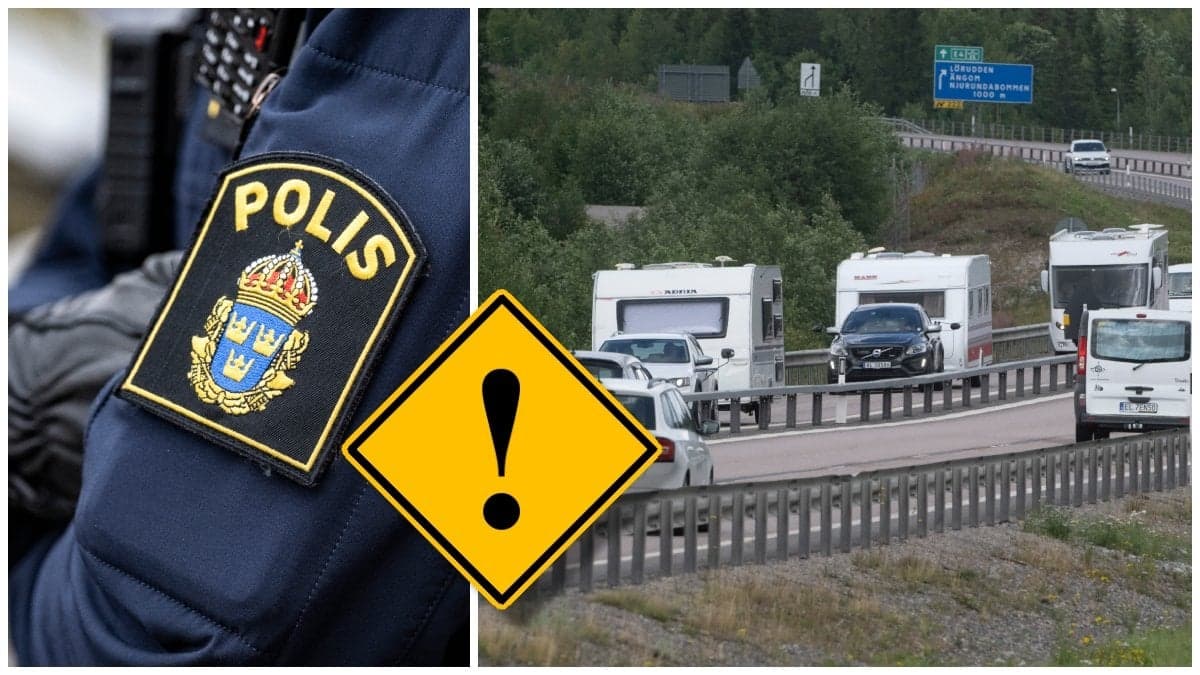 Polisens emblem och husbilar och husvagnar på väg