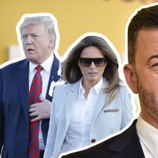 Donald Trump och Melania Trump vänster. Jimmy Kimmel höger.