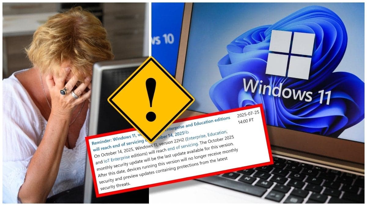 Kvinna med ansiktet i händerna framför dator och Windows 11 på en datorskärm