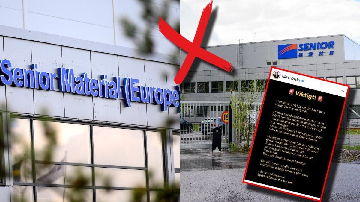 Bild på Senior Material (Europe) skylt till vänster i blå text. Bild på fabriken till höger. Framför den är en printscreen på Viktor Frisks inlägg om fabriken. Ett stort rött kryss i mitten. 