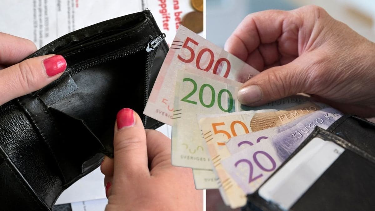 En tom plånbok och en plånbok full med sedlar i olika valörer.