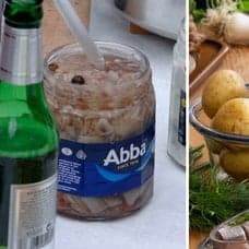 Bilder på sill och en midsommarlunch med färskpotatis.