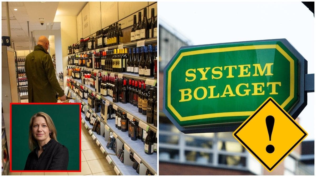 En man som tittar på vin på Systembolaget och en skylt på Systembolaget.