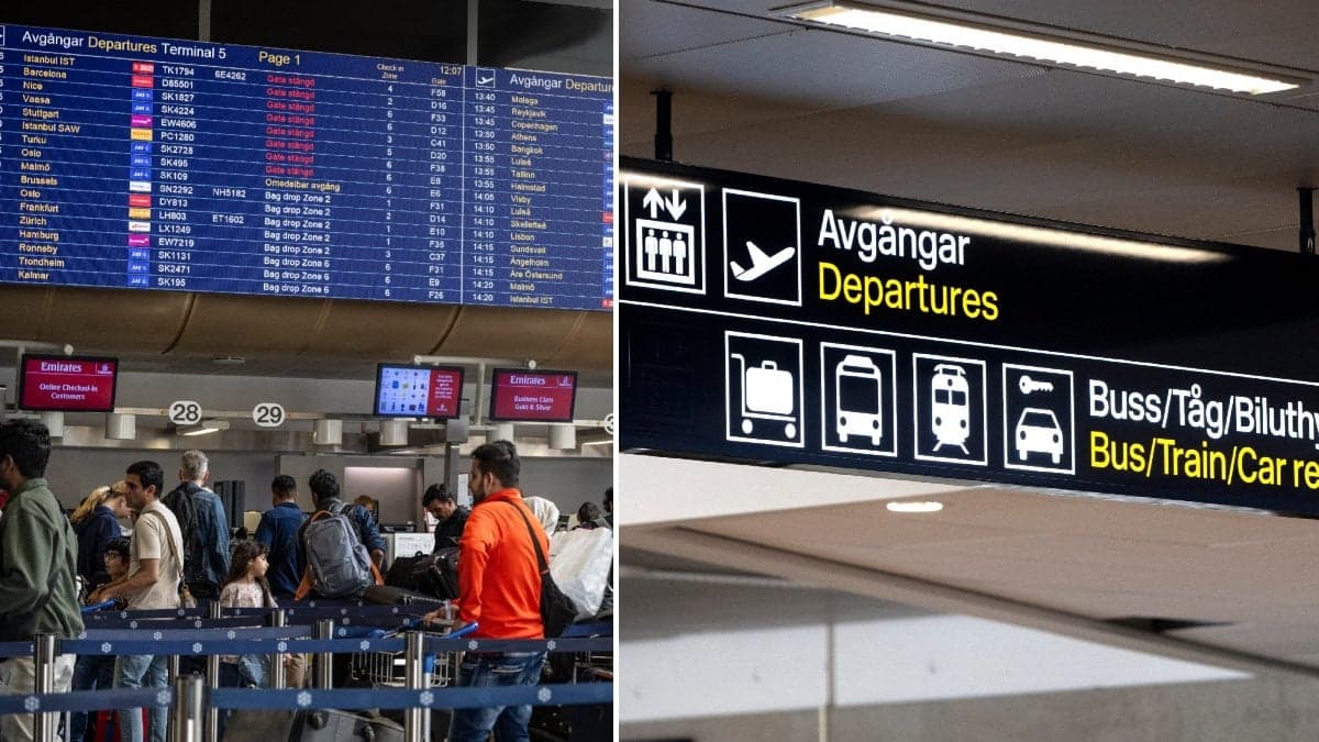 Incheckning på Arlanda flygplats och informationsskyltar på Arlanda flygplats.