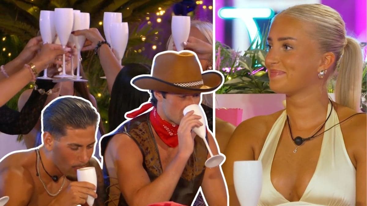 Deltagarna i Love Island på fest när de skålar och dricker ur vita bubbelglas