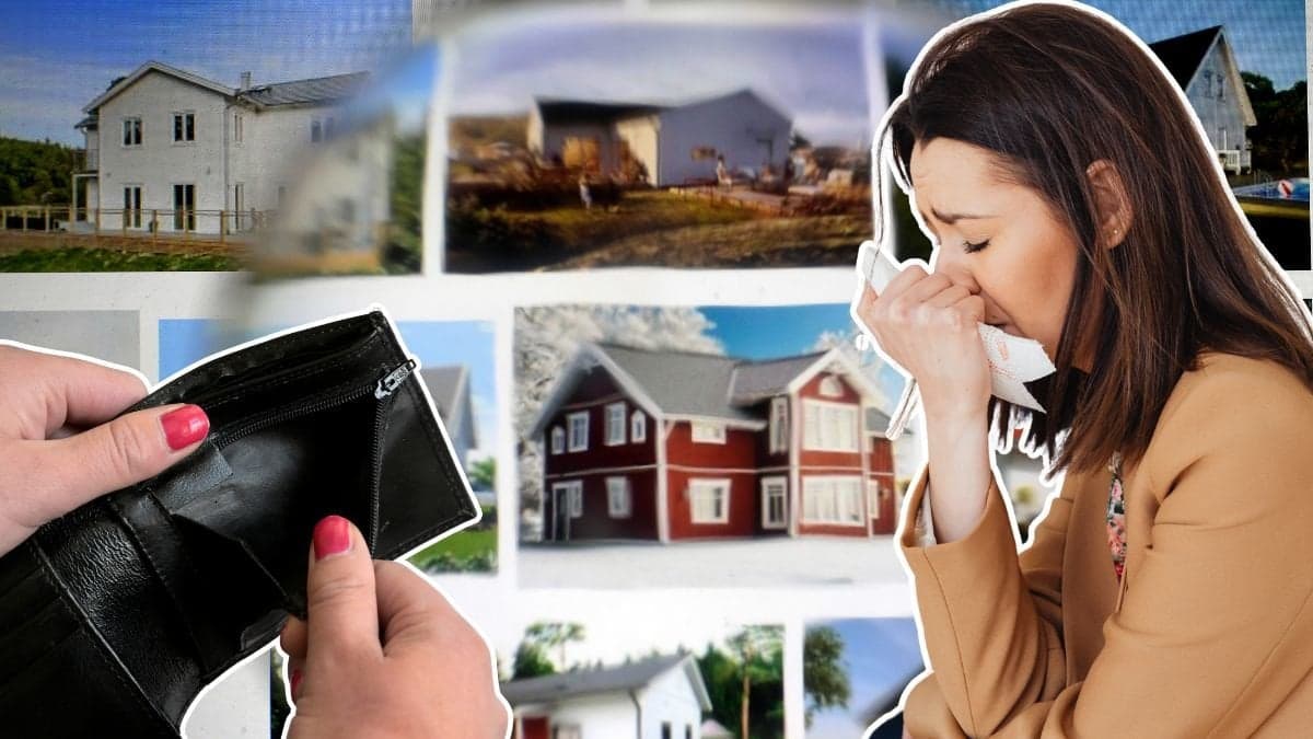 En tom plånbok, en gråtande kvinna och i bakgrunden syns prospekt för olika hus.