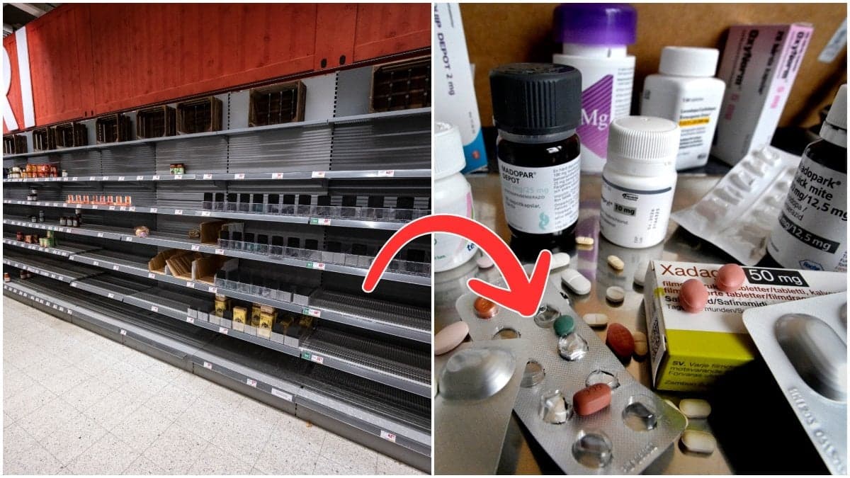 Tomma butikshyllor under Corona och olika förpackningar medicin.