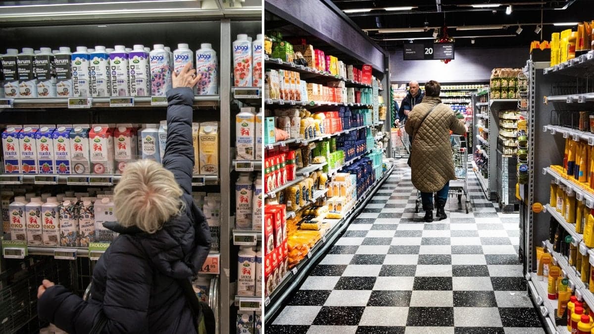 Person som handlar i matbutik och hyllor med matvaror.
