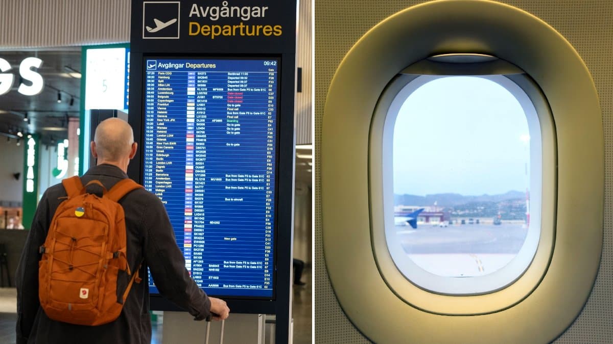En man som tittar på en lista med avgångar på Arlanda och ett flygplansfönster. 