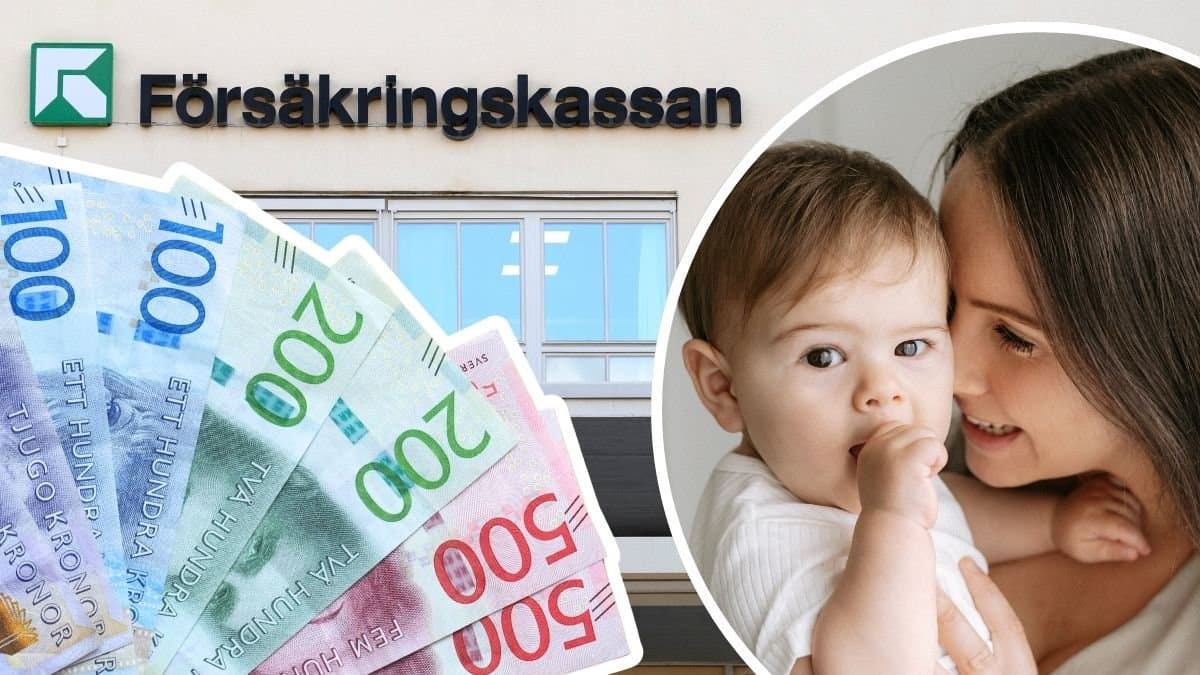 Svenska sedlar, Försäkringskassans logotyp på en fasad och en mamma och ett barn