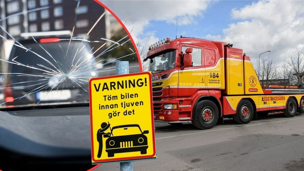 stenskott, varnign för biltjuvar och en bärgningsbil.