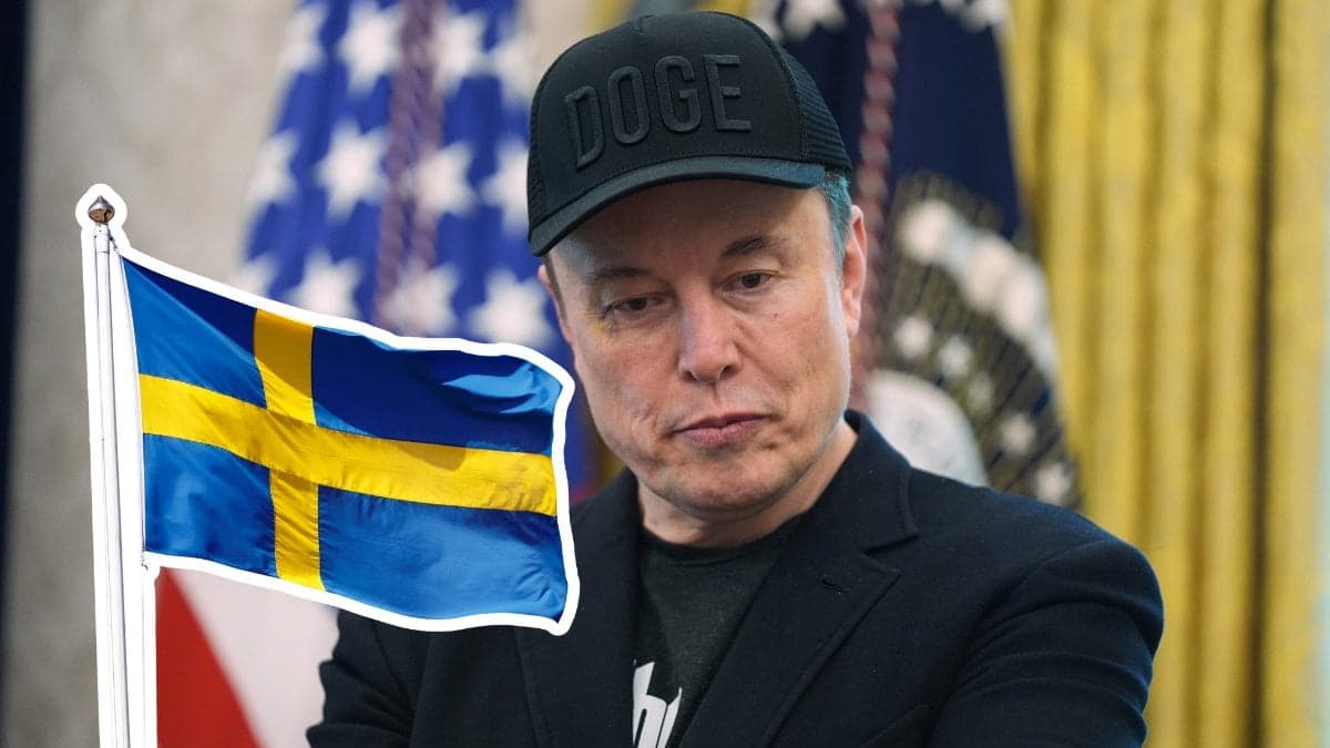 Elon Musk. En svensk flagga utklippt i vänstra hörnet.