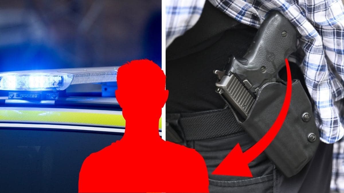 Blåljus vänster. Polis med pistol höger. Röd siluett av en man i mitten.