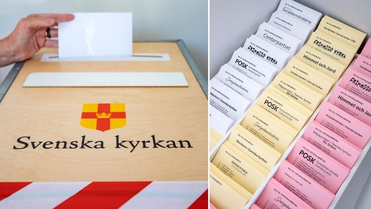Bilder på nomineringsgrupper i kyrkovalet och en bild på en valurna.